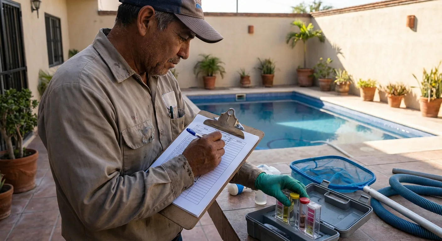 Registro de servicio completado — técnico anotando resultados en clipboard